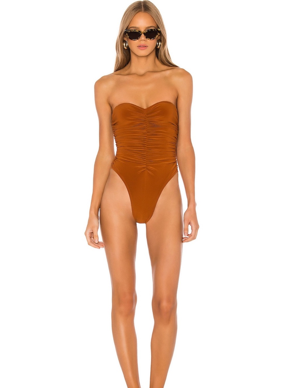 Norma Kamali Ruched Strapless One-Piece Swimsuit in Rust